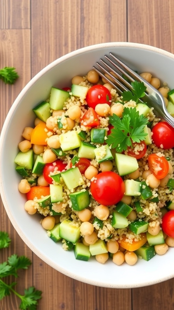 A colorful quinoa and chickpea salad with cucumbers, bell peppers, and tomatoes in a bowl on a wooden table.